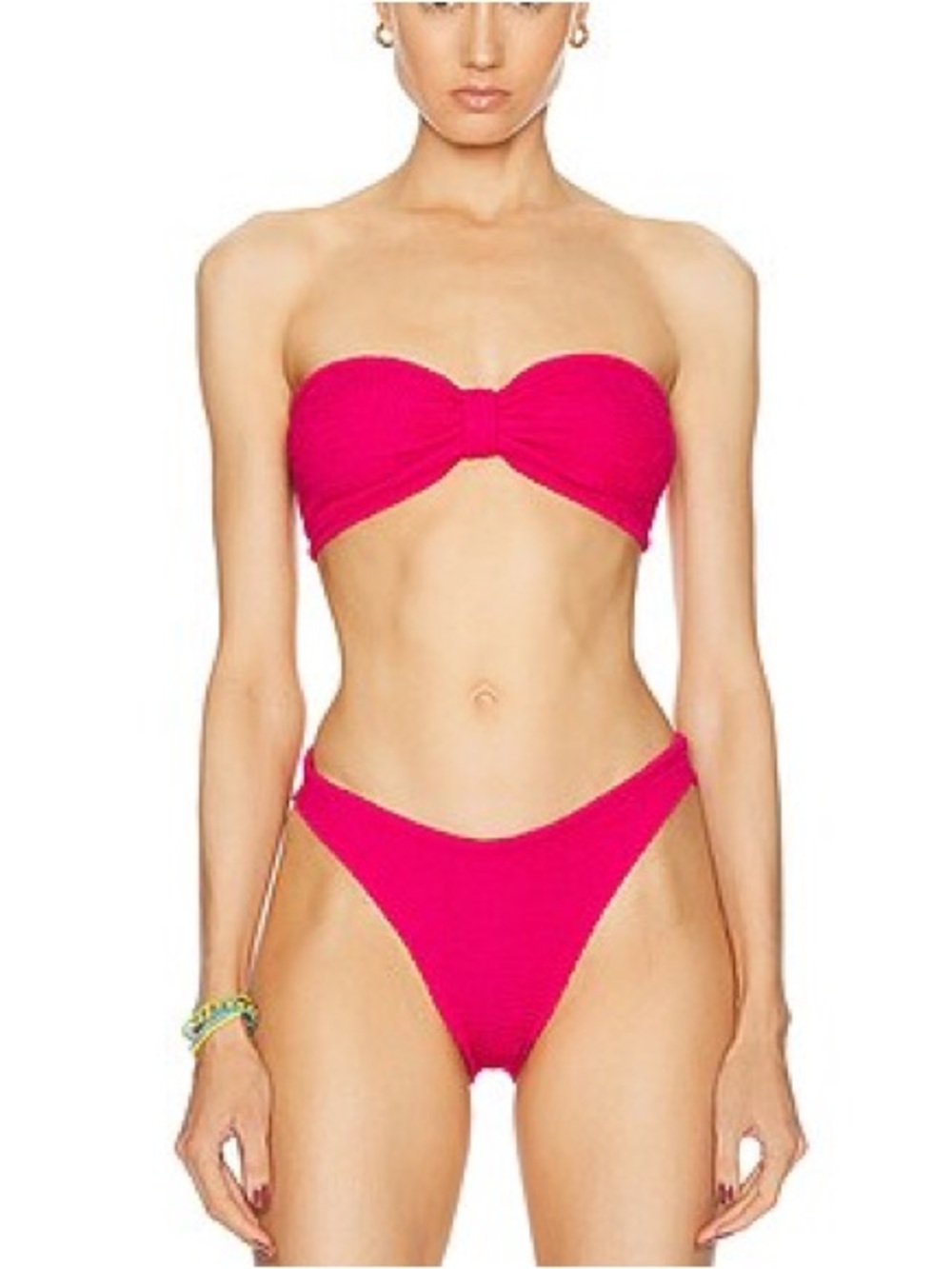 New Hunza G Bikini SET Pink Metallic Raspberry Crinkle Jean Bandeau Strapless